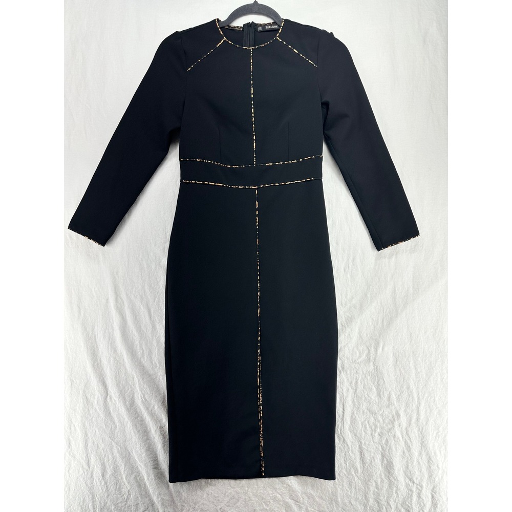 Zara Basic Black Long Sleeve Sheath Dress Leopard Print Piping Midi XS